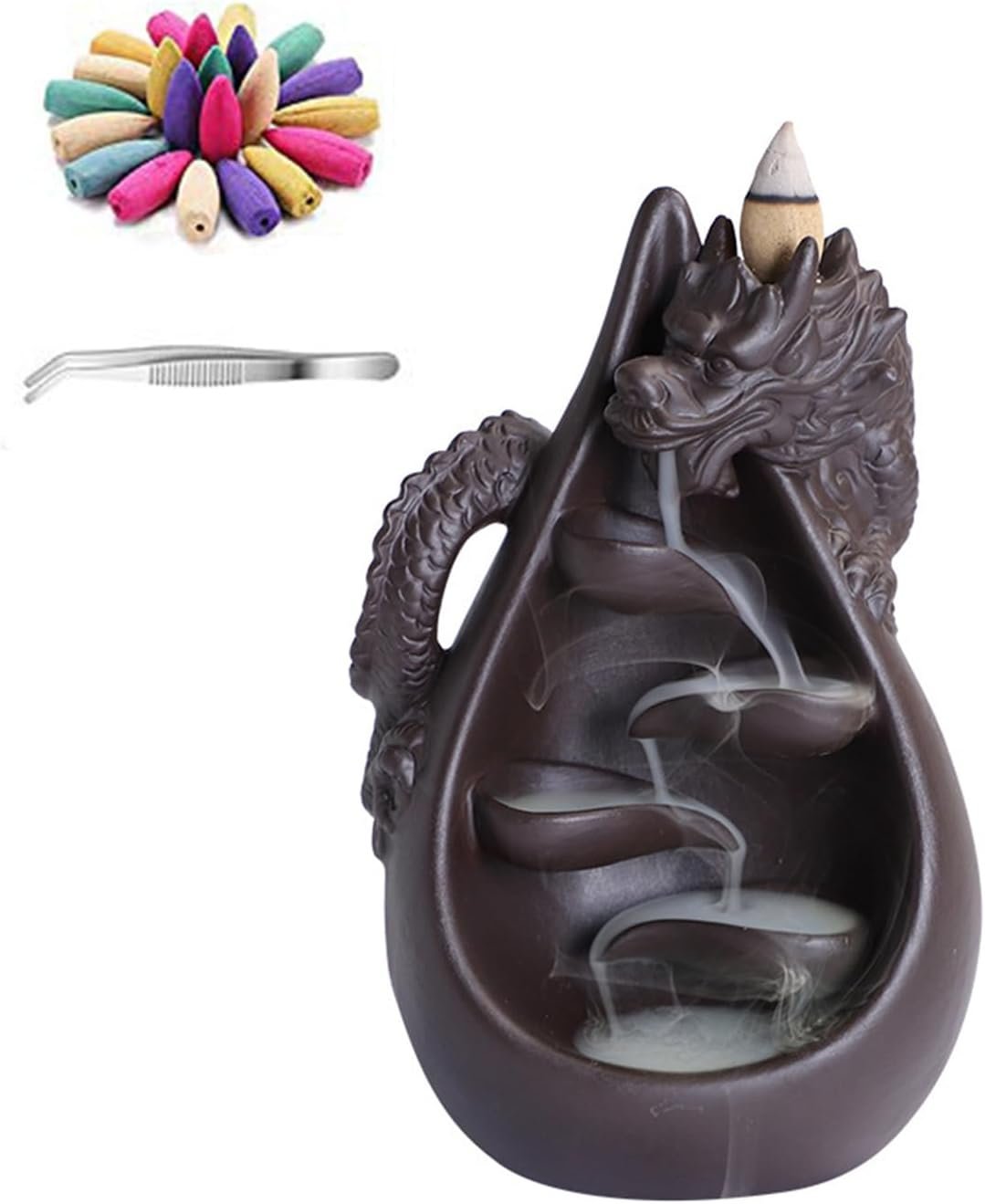 Ceramic Waterfall Backflow Incense Burner Set with 45 Cones - Dripping Water Dragon Statue - Aromatherapy Decor for Yoga. Meditation. Spa. Office. Bedroom - Relaxing Zen Gift